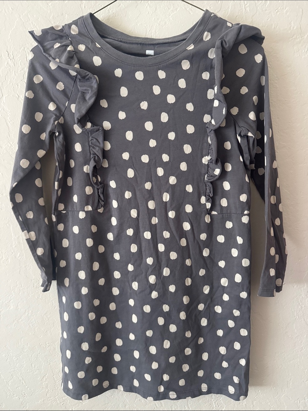 Tea Collection Gray Dress with White Polka Dots and Ruffle Detail
